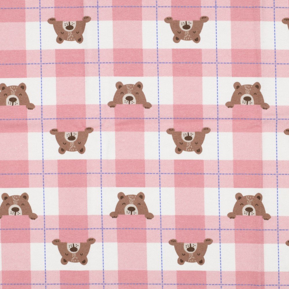 Tecido Flanela Estampada Xadrez Ursinhos Rosa Claro f Violet Fabrics