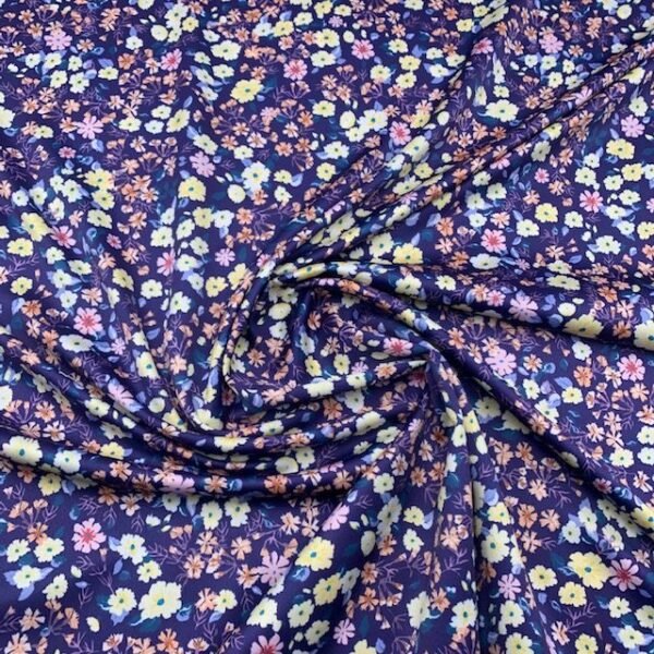 Seda Crepe - Floral - Amarelo / Azul