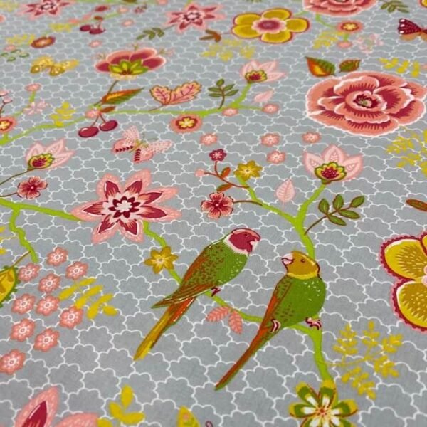 Popeline Bird Flower - Cinzento