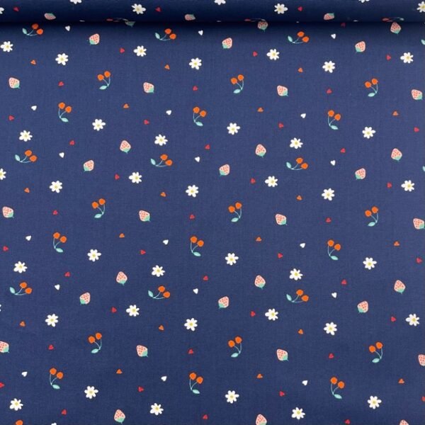 Popeline Morangos e Cerejas - Azul Marinho