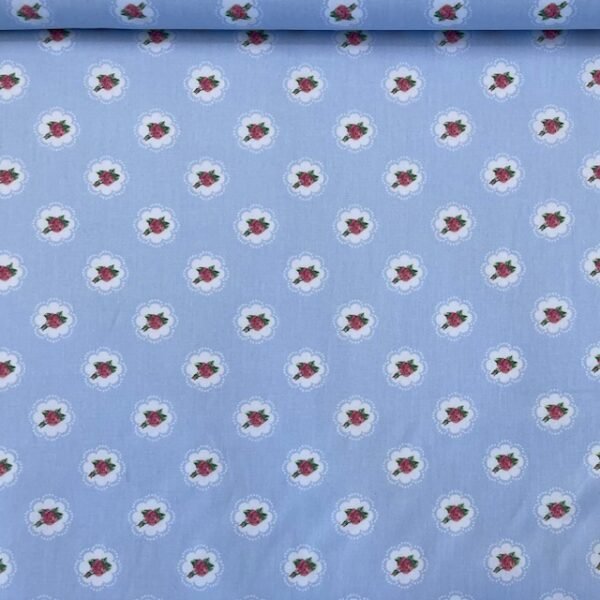 Popeline Small Roses - Azul Claro