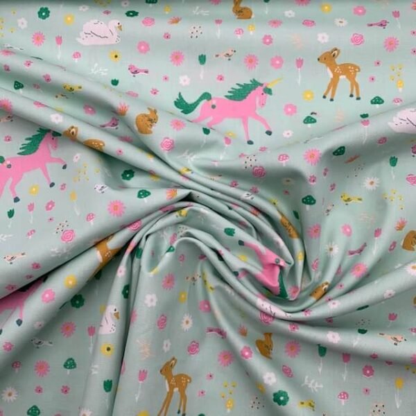 Popeline Unicórnio Glitter - Verde Menta