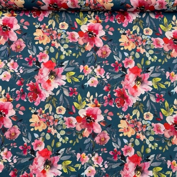 Popeline Water Flower Digital - Azul Petróleo