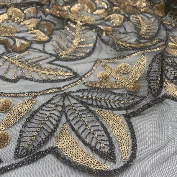 Renda Sequin - Fundo Preto c/ Dourado