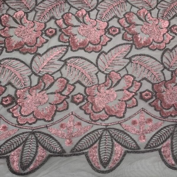 Renda Sequin - Fundo Preto c/ Rosa