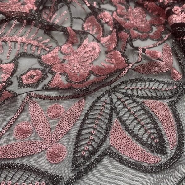 Renda Sequin - Fundo Preto c/ Rosa
