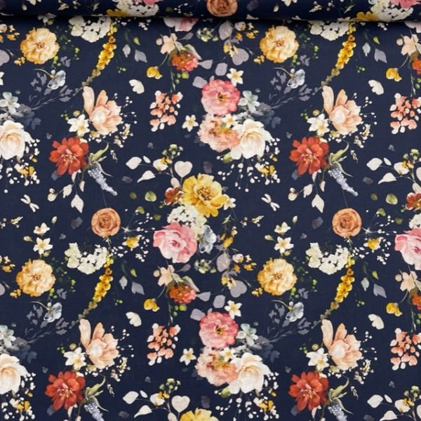 Popeline Digital Flowers - Azul Marinho