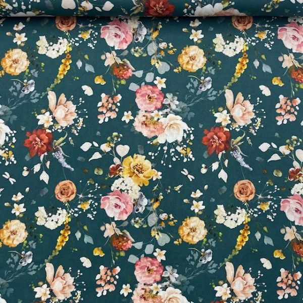 Popeline Digital Flowers - Azul Petróleo