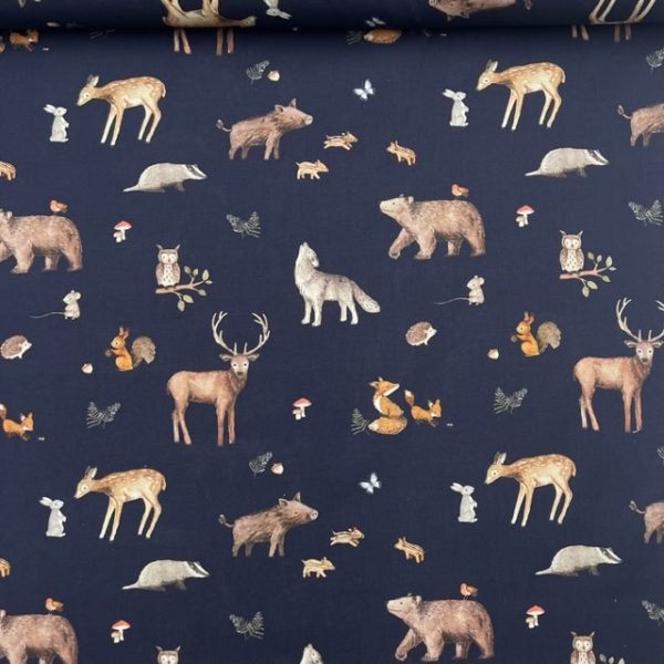 Popeline Forest Animals - Azul Marinho