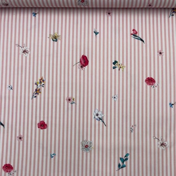 Popeline Stripes Flowers - Rosa