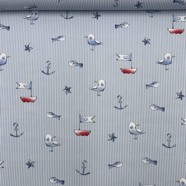 Popeline Stripes Marine - Azul Claro