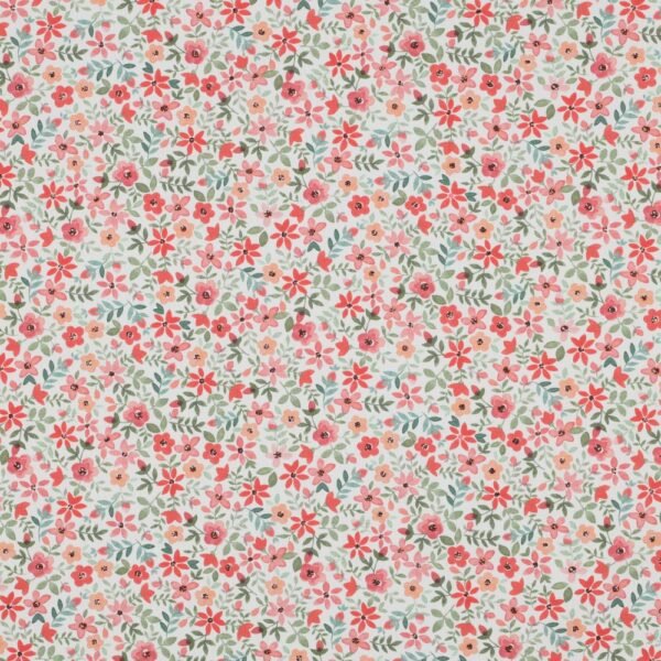 Popeline Digital Flowers - Branco / Vermelho