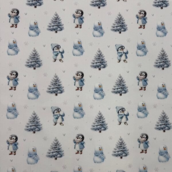 Tecido Popeline Pinguins e Boneco de Neve