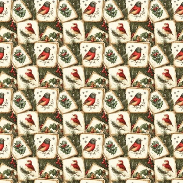 Tecido Decoração Policanvas Natal Pássaro e Azevinho