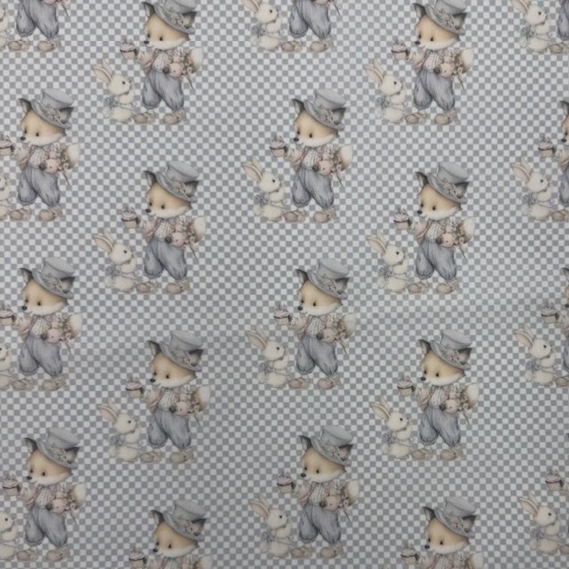 Popeline Xadrez Rapose e Coelhinho - Azul Popeline Xadrez Raposa e Coelhinho - Azul - Image 1