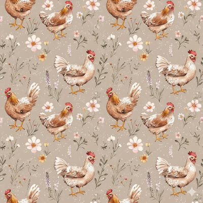 Tecido Popeline Galinhas Bege v Violet Fabrics