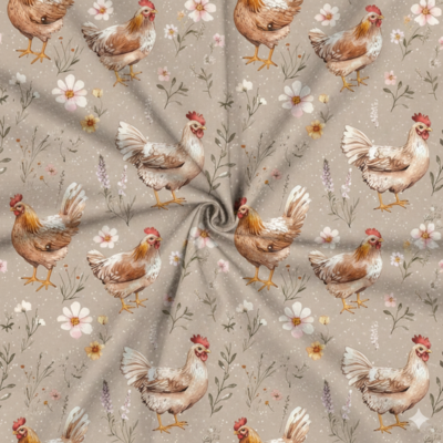 Tecido Popeline Galinhas Bege Violet Fabrics