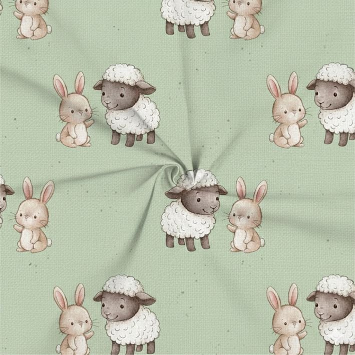 Tecido Popeline Pascoa Coelhinho e Ovelha Verde df Violet Fabrics