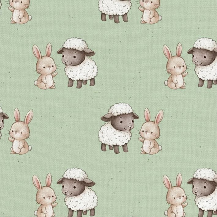 Tecido Popeline Pascoa Coelhinho e Ovelha Verde Violet Fabrics