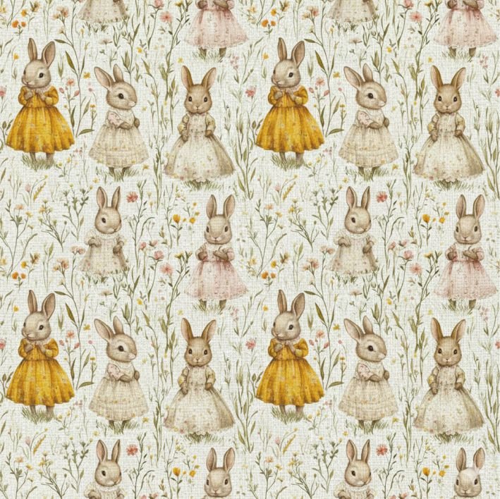Tecido Popeline Pascoa Coelhinhos Bege Violet Fabrics