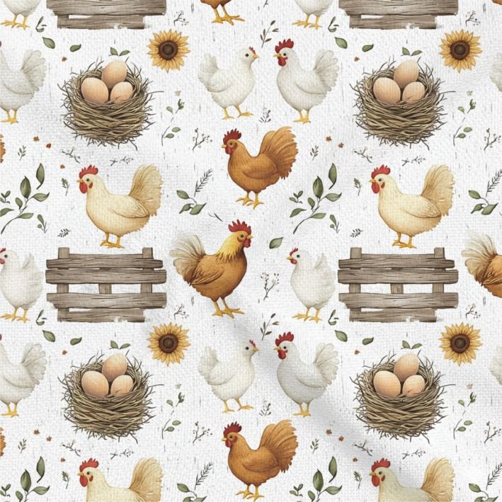 Tecido Popeline Pascoa Galinhas Branco Violet Fabrics