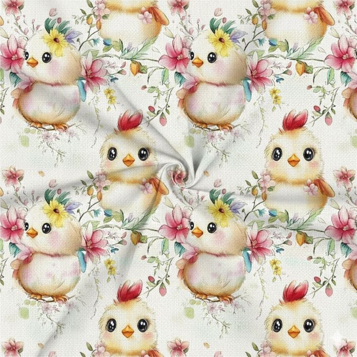 Tecido Popeline Pascoa Pintainhos Branco c Violet Fabrics