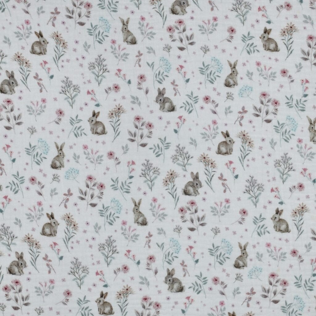 Tecido Musselina Coelhinho Branco vx Violet Fabrics