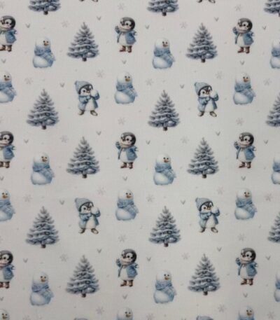 Tecido Popeline Pinguins e Boneco de Neve