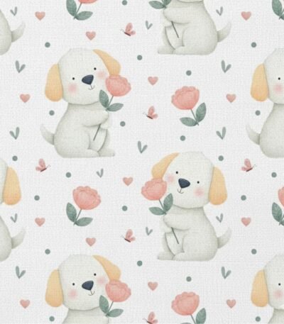 Popeline Animais Cão e Flores – Branco