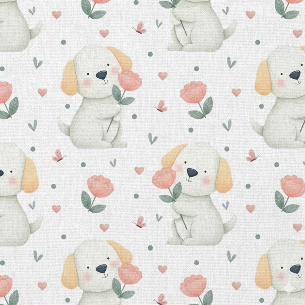 Popeline Animais Cão e Flores – Branco
