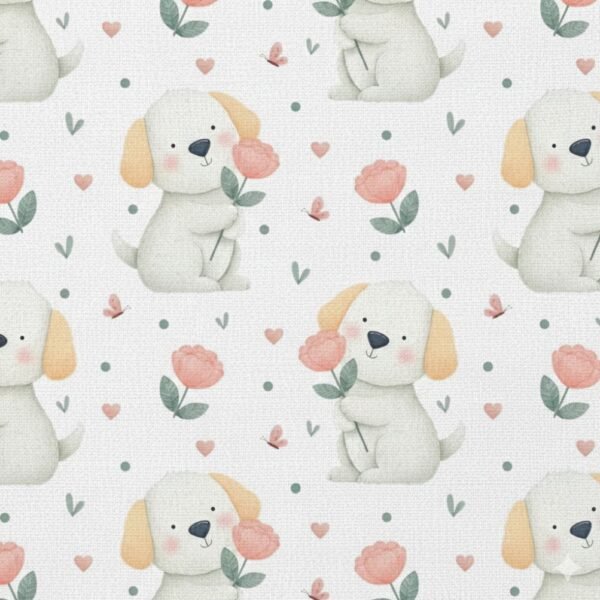 Popeline Animais Cão e Flores - Branco