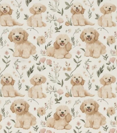Popeline Animais Cãozinho e Flores – Cru