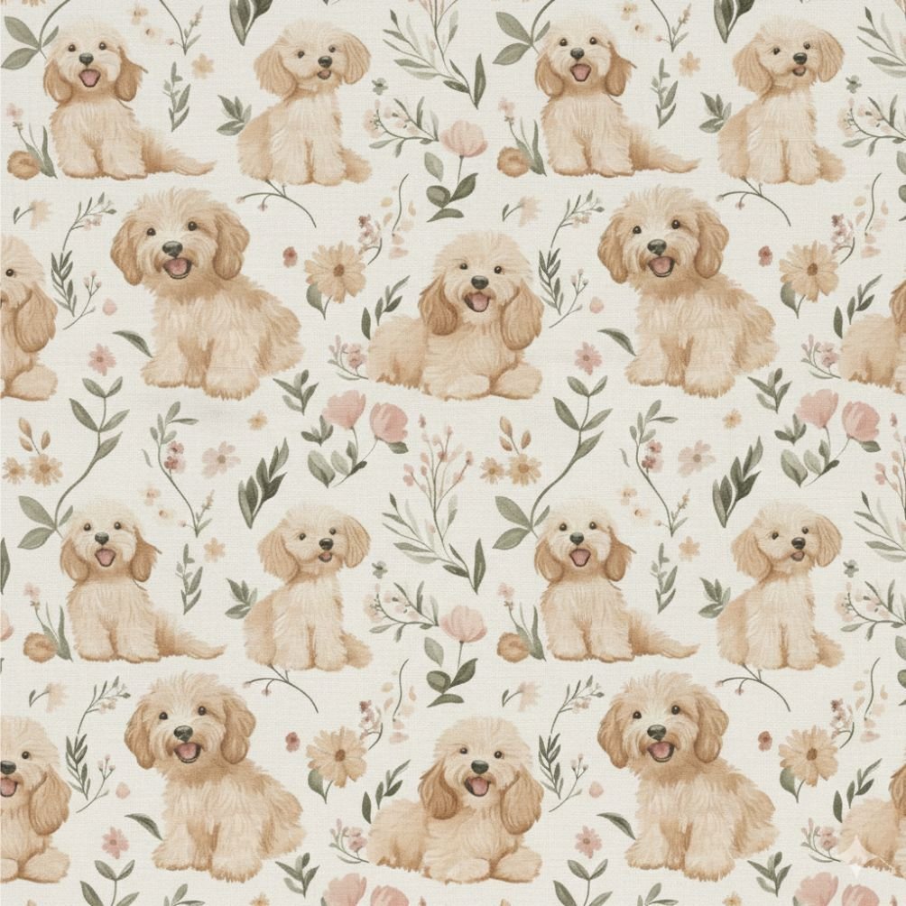 Popeline Animais Cãozinho e Flores – Cru