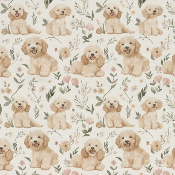 Popeline Animais Cãozinho e Flores - Cru