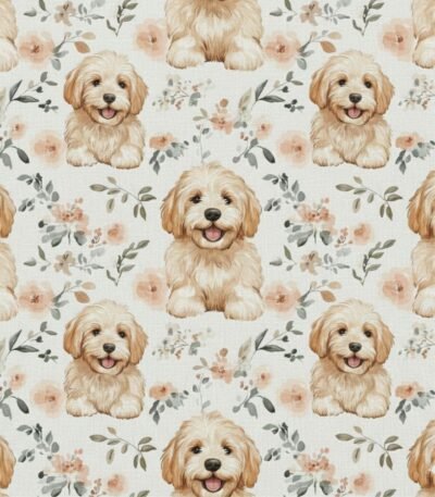 Popeline Animais Cãozinho e Flores – Cru