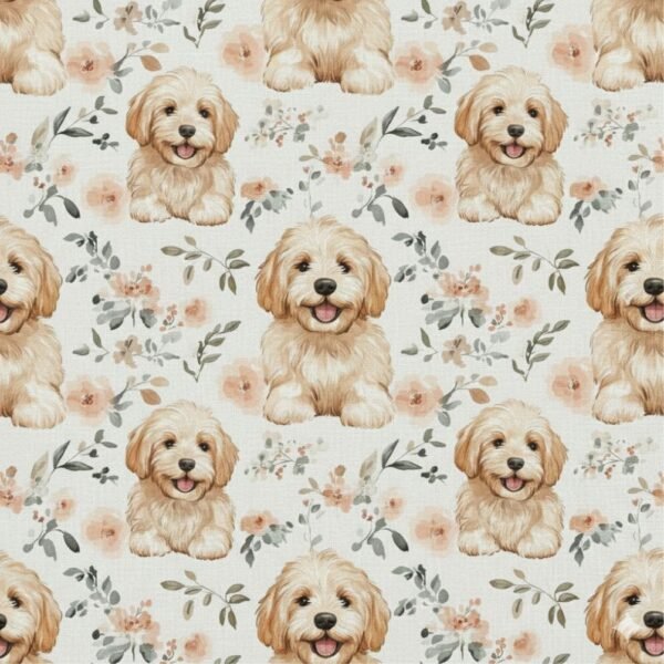 Popeline Animais Cãozinho e Flores – Cru