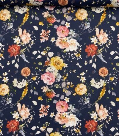 Popeline Digital Flowers – Azul Marinho
