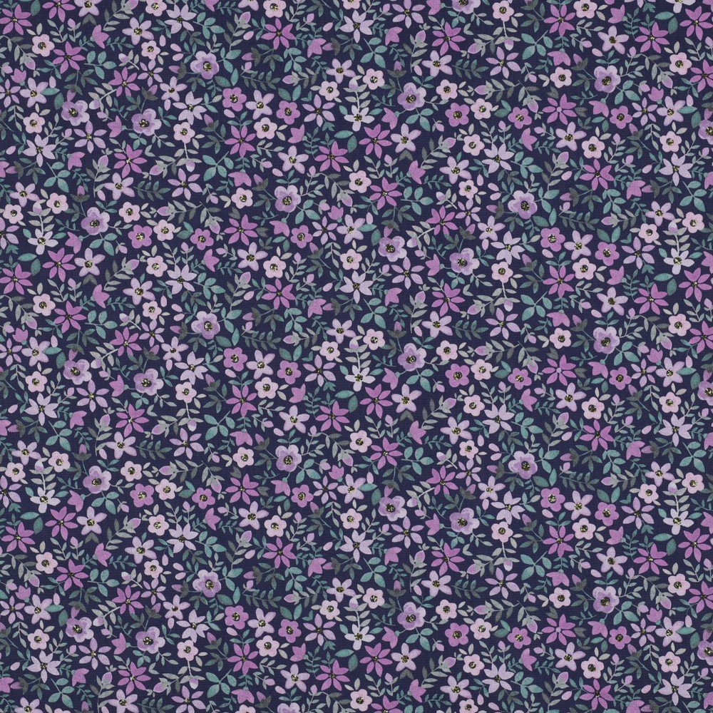 Popeline Digital Flowers – Azul / Roxo
