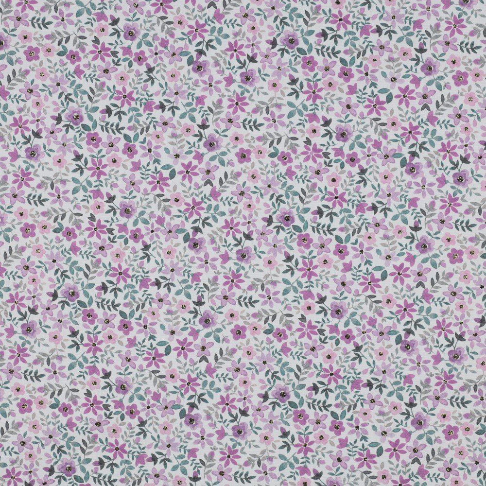 Popeline Digital Flowers – Branco / Roxo