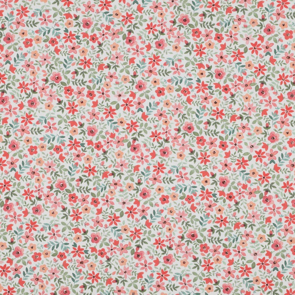 Popeline Digital Flowers – Branco / Vermelho