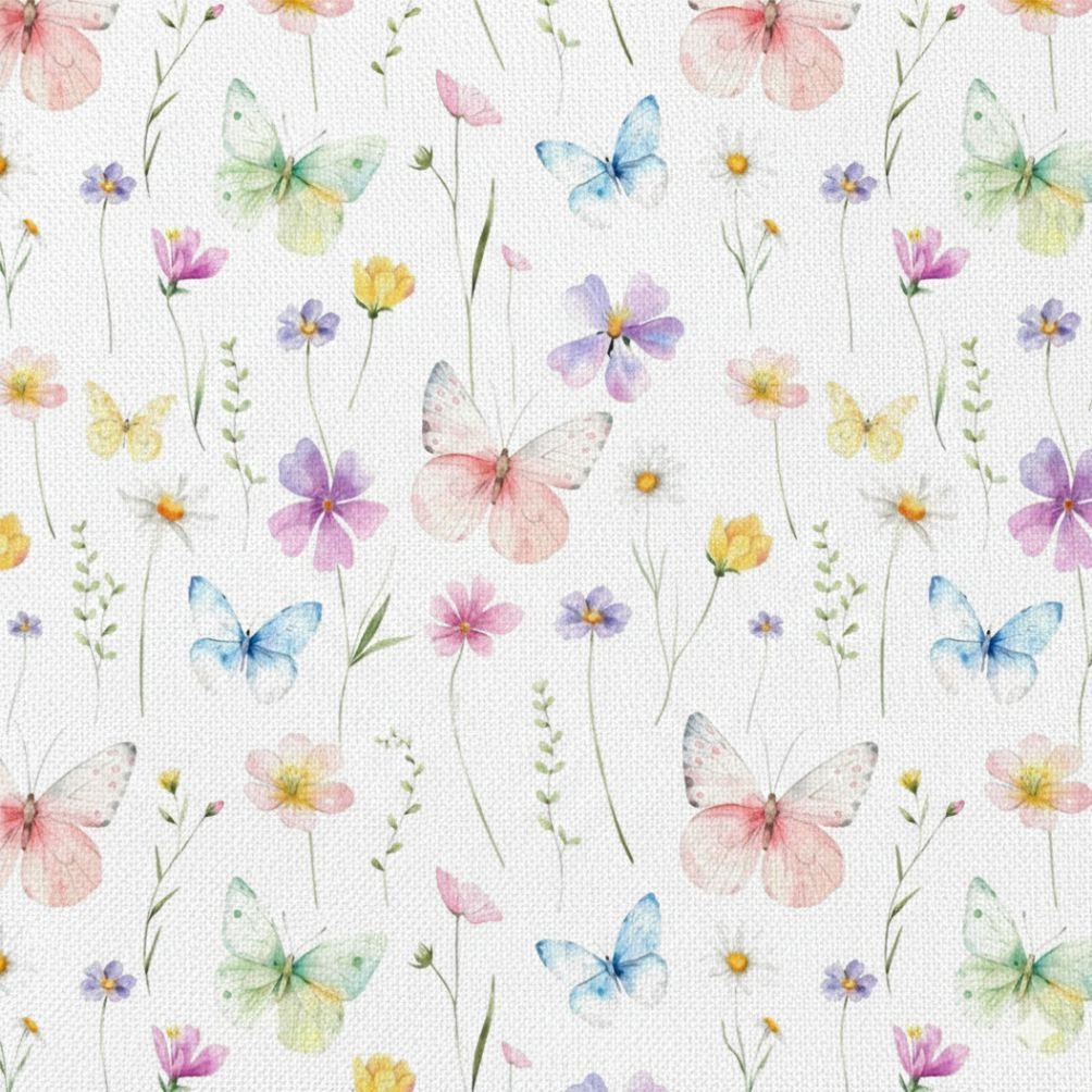 Tecido Popeline Flores Borboletas b Violet Fabrics