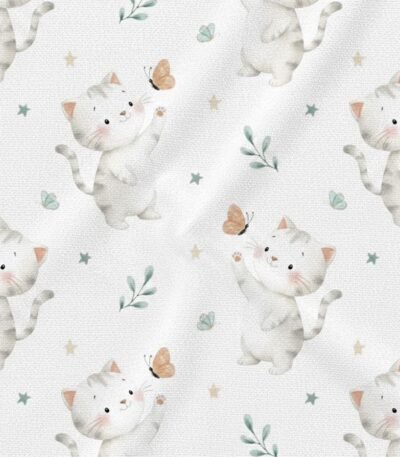 Popeline Animais Gatinho e Borboletas – Branco