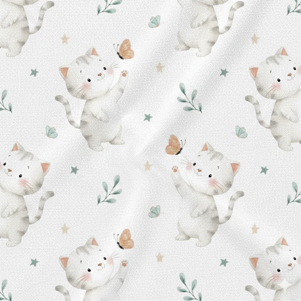 Popeline Animais Gatinho e Borboletas – Branco