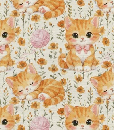 Popeline Animais Gatinho e Novelo – Branco