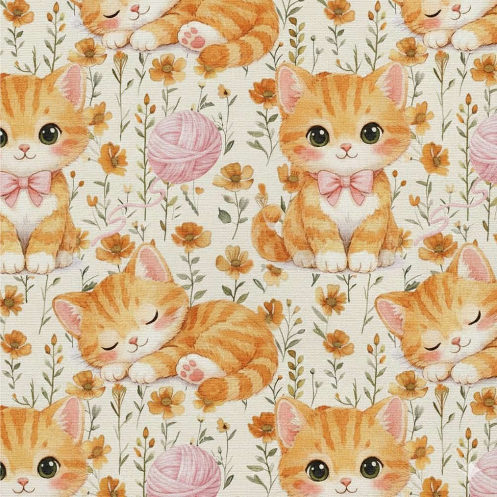 Popeline Animais Gatinho e Novelo – Branco