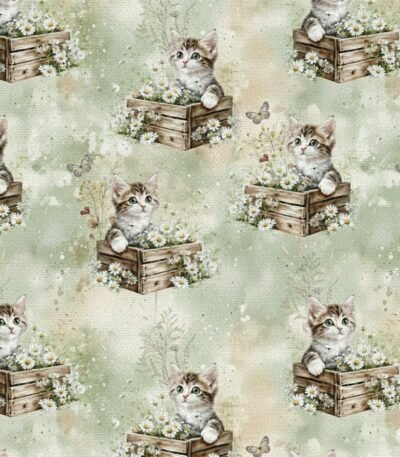 Popeline Animais Gatinho e Borboletas – Verde