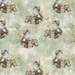 Popeline Animais Gatinho e Borboletas - Verde