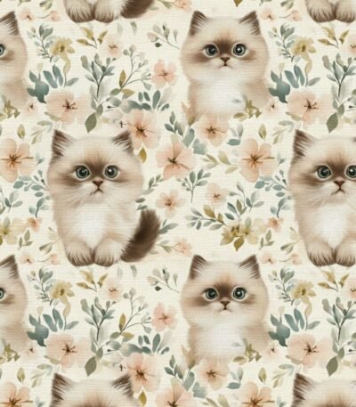 Popeline Animais Gatinho e Flores – Cru