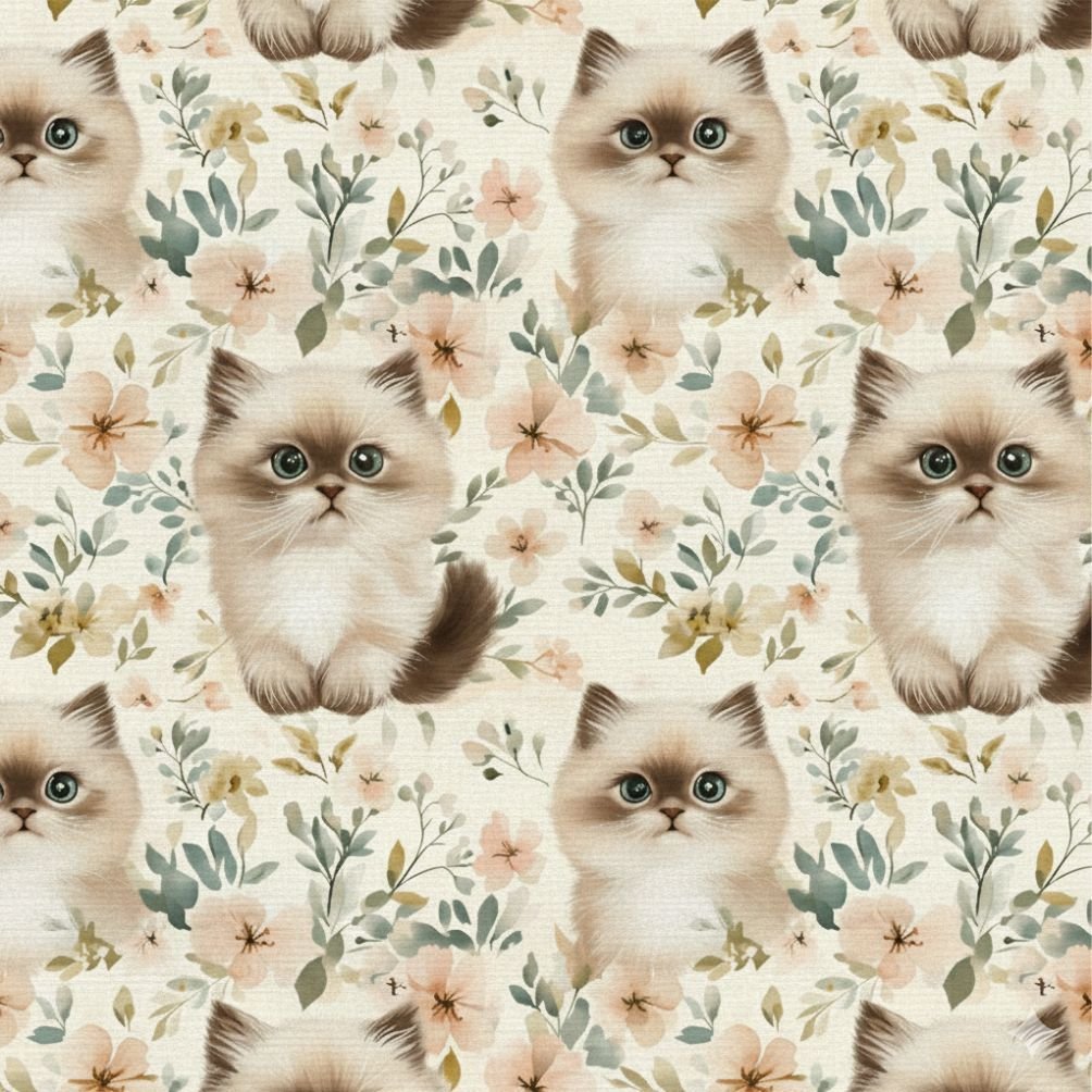 Popeline Animais Gatinho e Flores – Cru