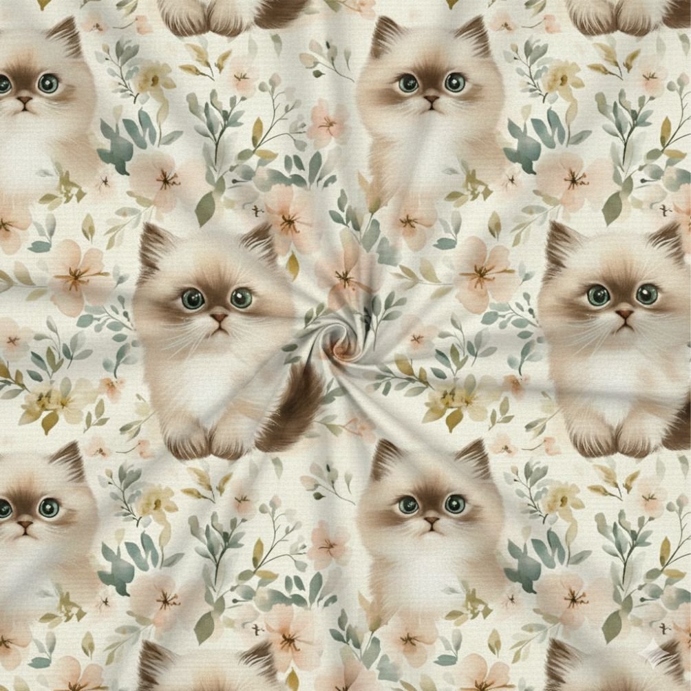 Tecido Popeline Gato com Flores s Violet Fabrics